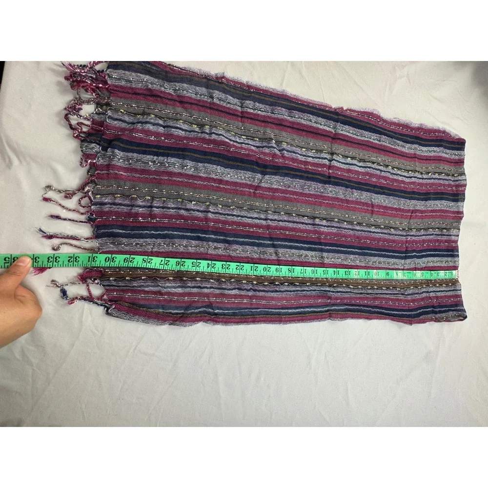 Boho Striped Metallic Shimmer Lightweight Fringe Scarf Magenta Navy Gold tribal